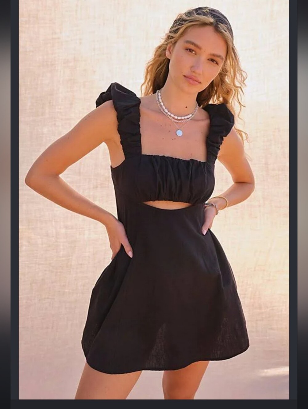 NWT FREE PEOPLE SZ S Bom Bom Island Black Mini Ruffled Strap Women's Dress